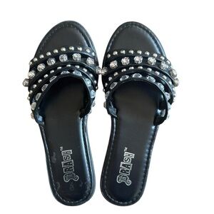 Brash Black Slide Sandals with Rhinestone & Stud Detail – Size 6